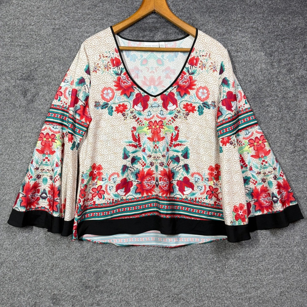 Floral V-Neck Bell Sleeve Top - Cream with Red Floral